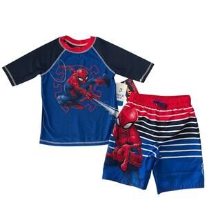 New Marvel Spider Man Boys Swim Trunks & Shirt Size 7 Blue Red Graphic UPF 50+